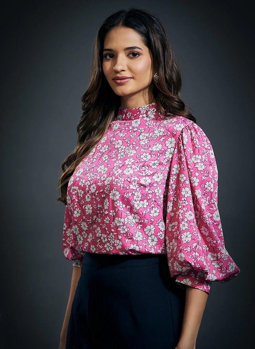 Pink Puffed Long Sleeve Satin Top - Image 1
