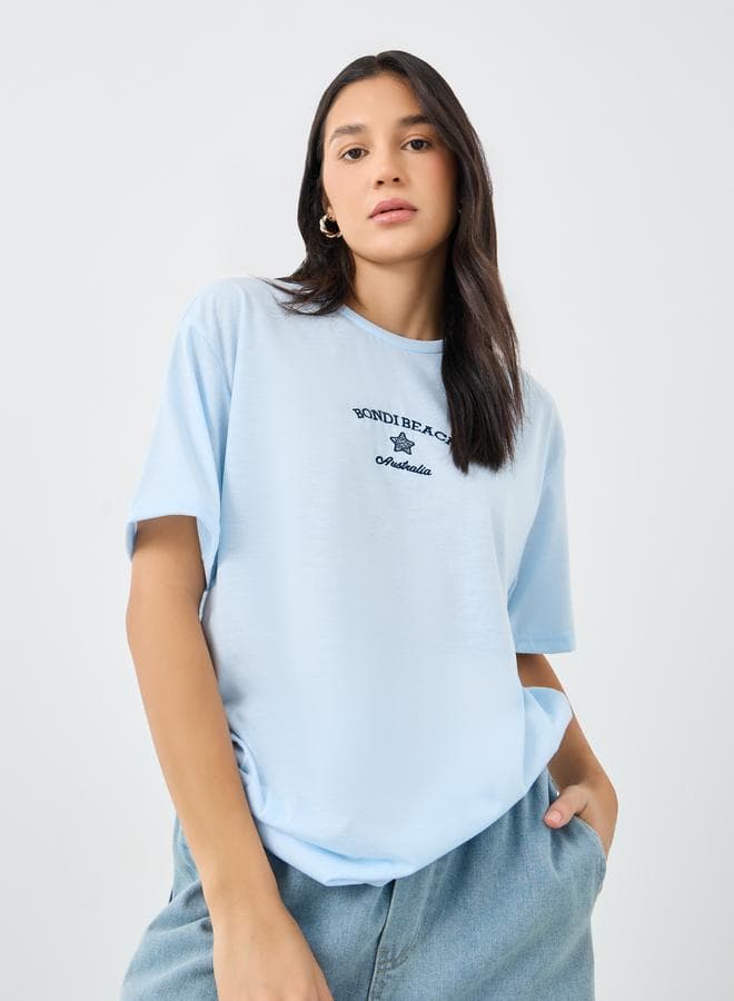Women Light Blue Bondi Beach Embroidered Oversized T-Shirt - Image 1
