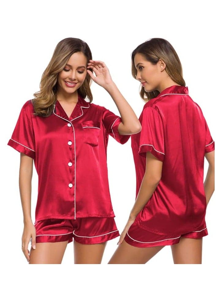 Women's Satin Silk Pajama Set with Button-Down Top - Image 1