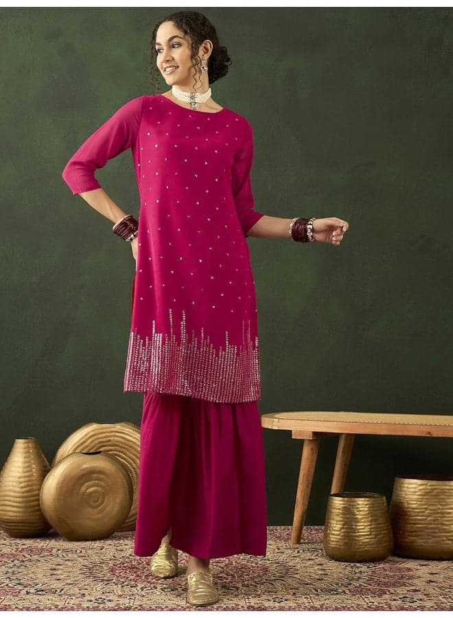 Floral Embroidered Sequinned Kurta with Sharara Set - Image 1
