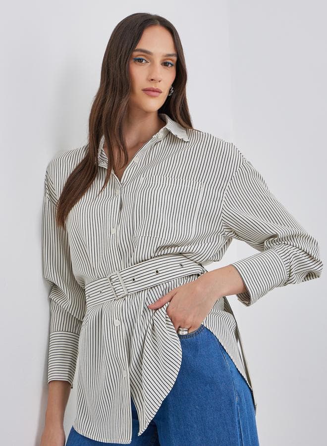 Cream Striped Shirt with Belt - Image 1