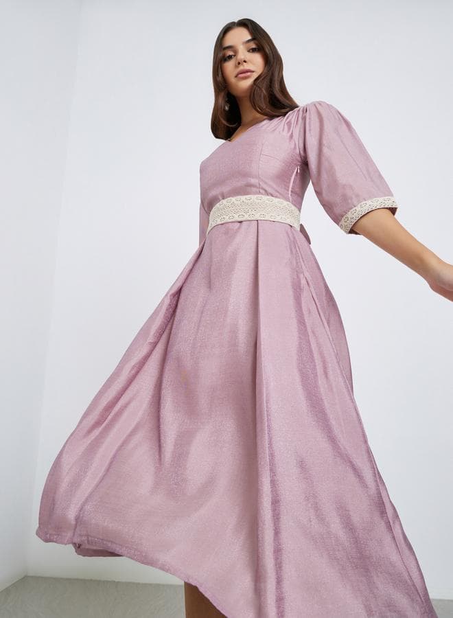 Pink Lace Insert Flared Midi Dress - Image 1