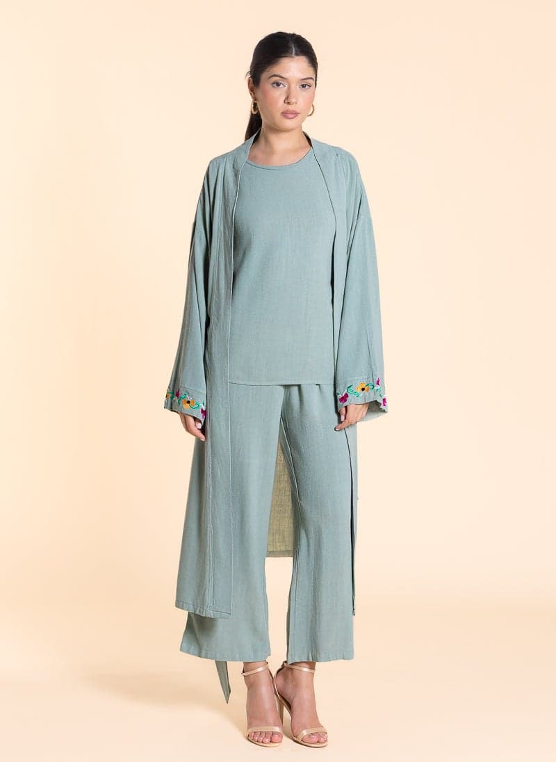 Linen Blend Embroidered Kimono Three-Piece Set - Image 1
