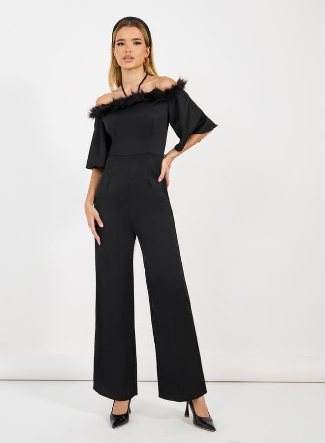Styli Faux Feather Trim Wide Leg Jumpsuit - Image 1