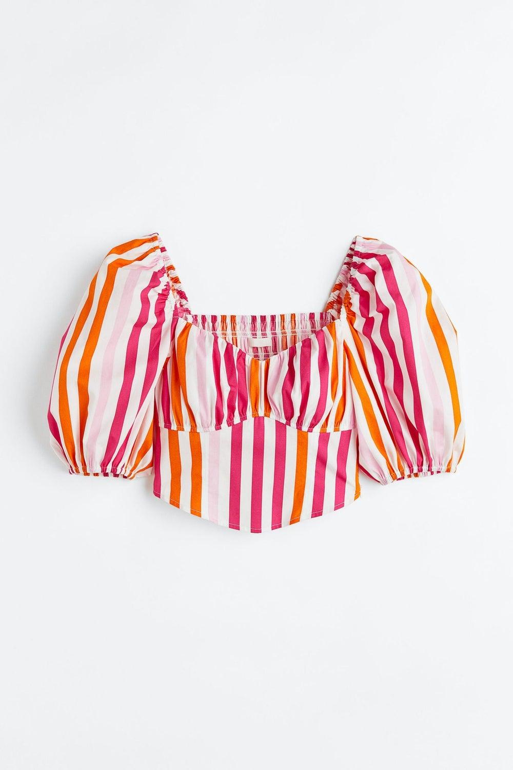 Striped Puff Sleeve Cropped Top with Sweetheart Neckline - Image 1