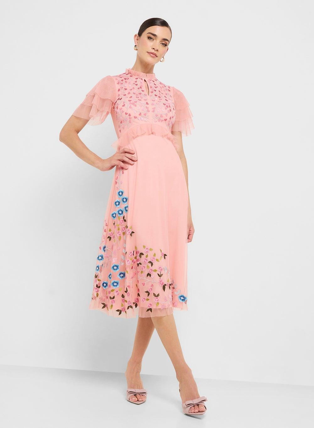 Adara Embellished Mesh Midi Dress with Ruffle Sleeves - Image 1
