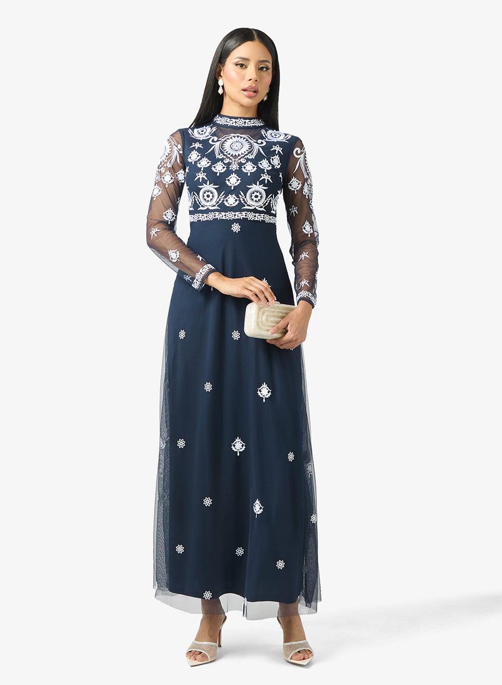 Embellished Mesh Maxi Dress with Sheer Sleeves - Image 1