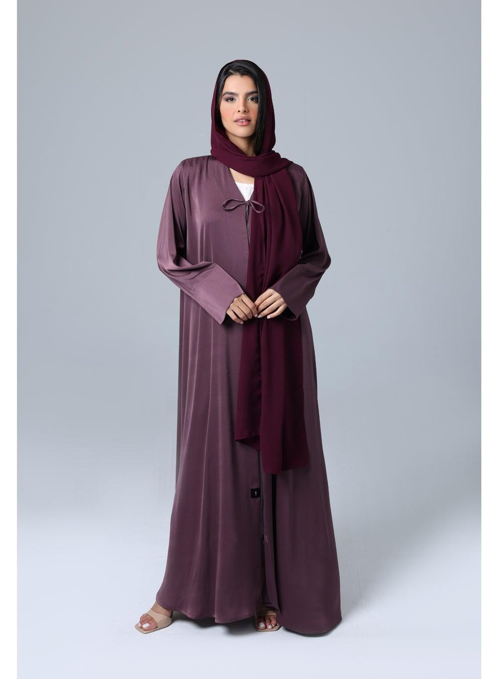 Open Front Tie Shimmer Fabric Abaya with Matching Scarf - Image 1