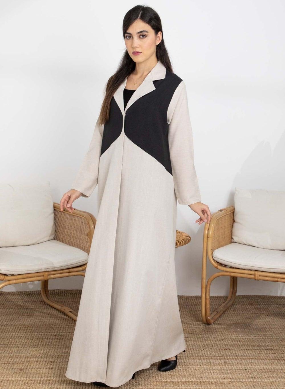 Msquare Beige Blocked Lapel Collar Melange Women's Abaya - Image 1