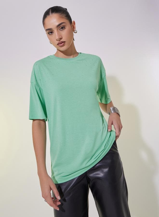 Studded Detail Relaxed Fit Dropped Shoulder T-Shirt - Image 1