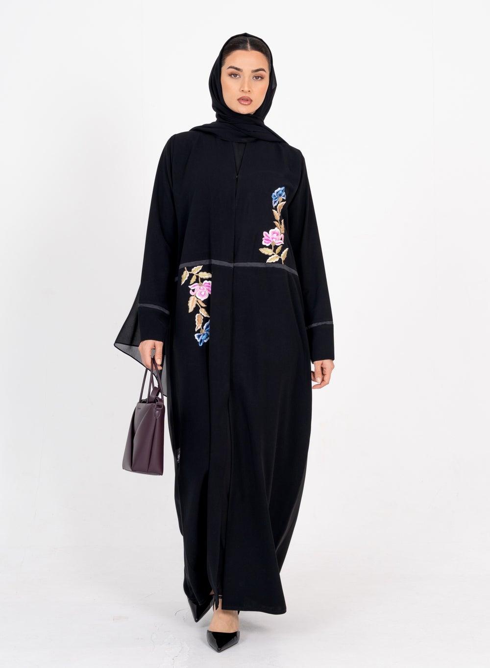 Floral Embroidered Black Abaya Dress - Image 1