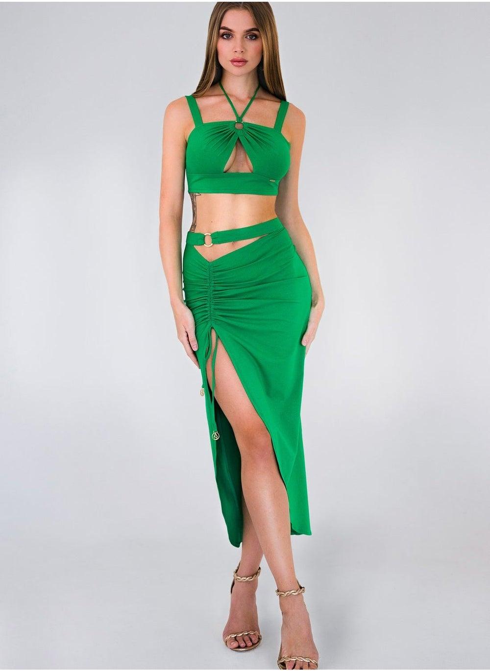 Green Halter Neck Crop Top and Midi Skirt Set - Image 1