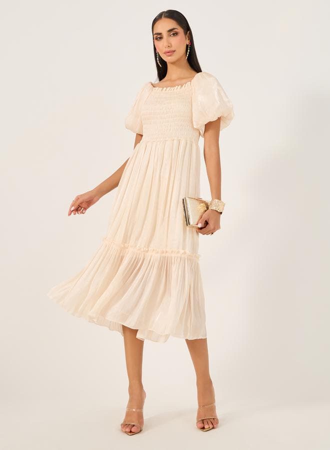 Styli Smocked Puff Sleeve Cream Midi Dress - Image 1