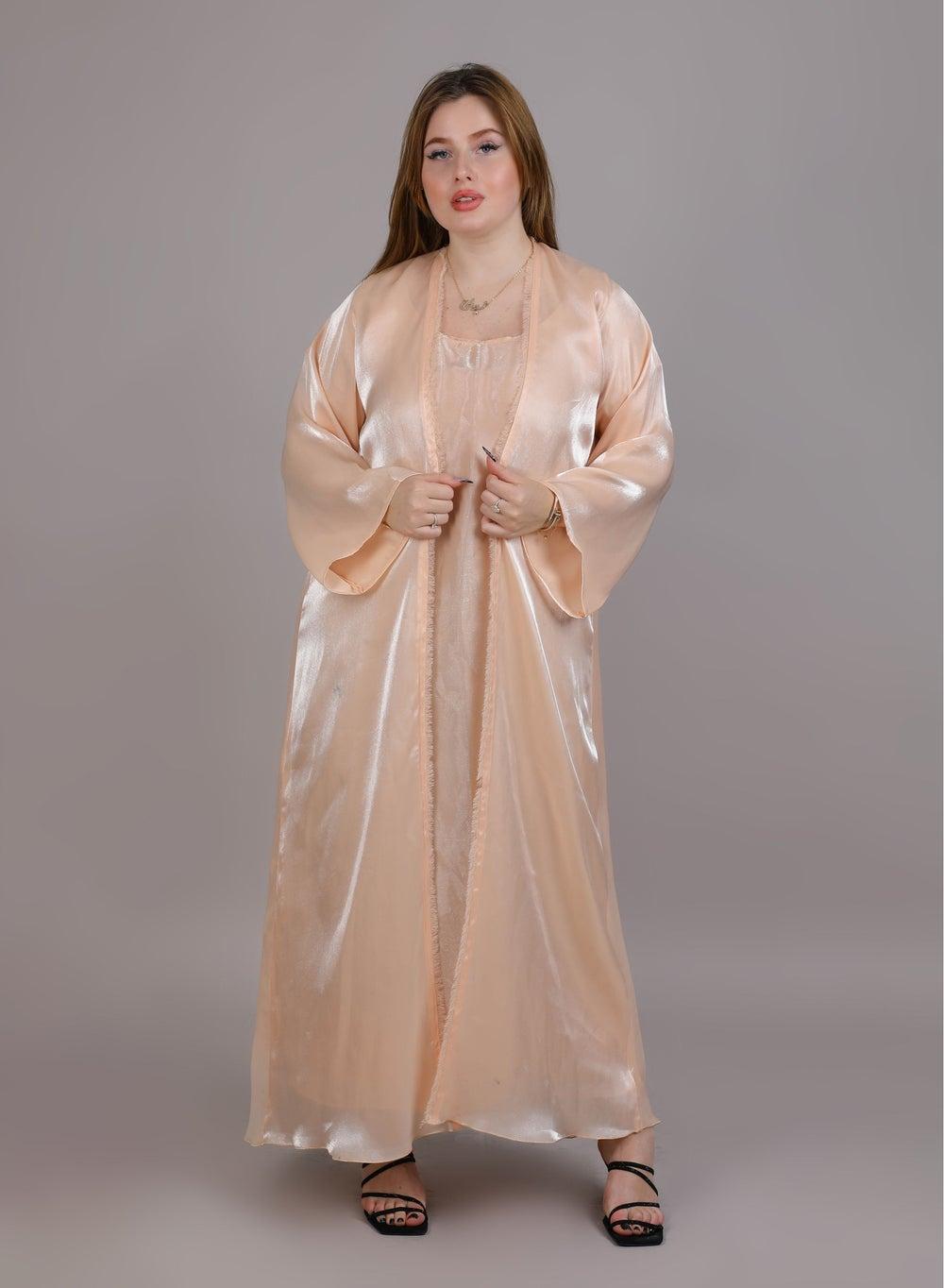 MSquare Fashion Peach Organza Abaya Set with Under Dress - Image 1
