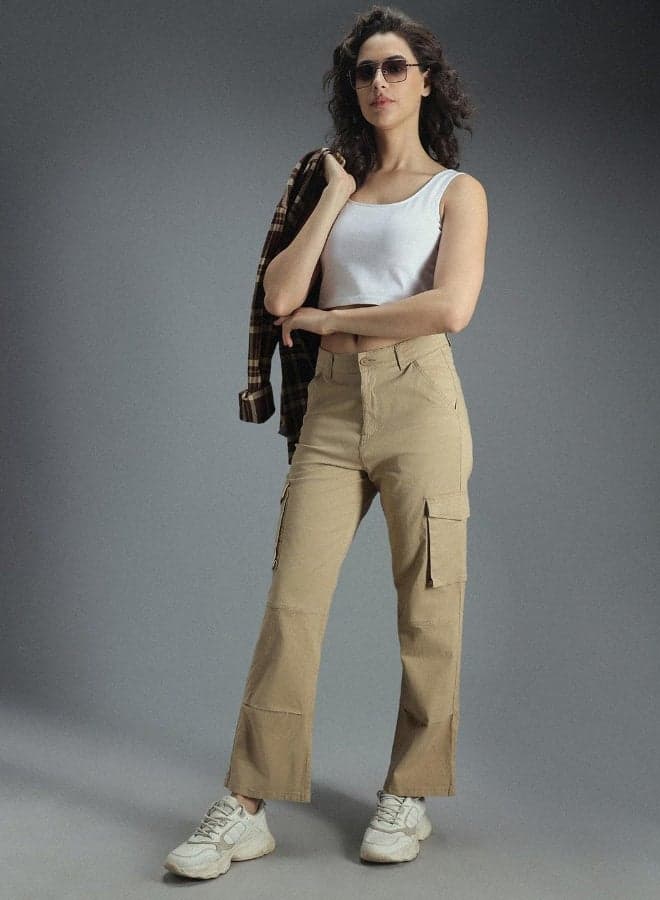 Women’s Relaxed Straight Fit Khaki Cargo Trousers - Image 1