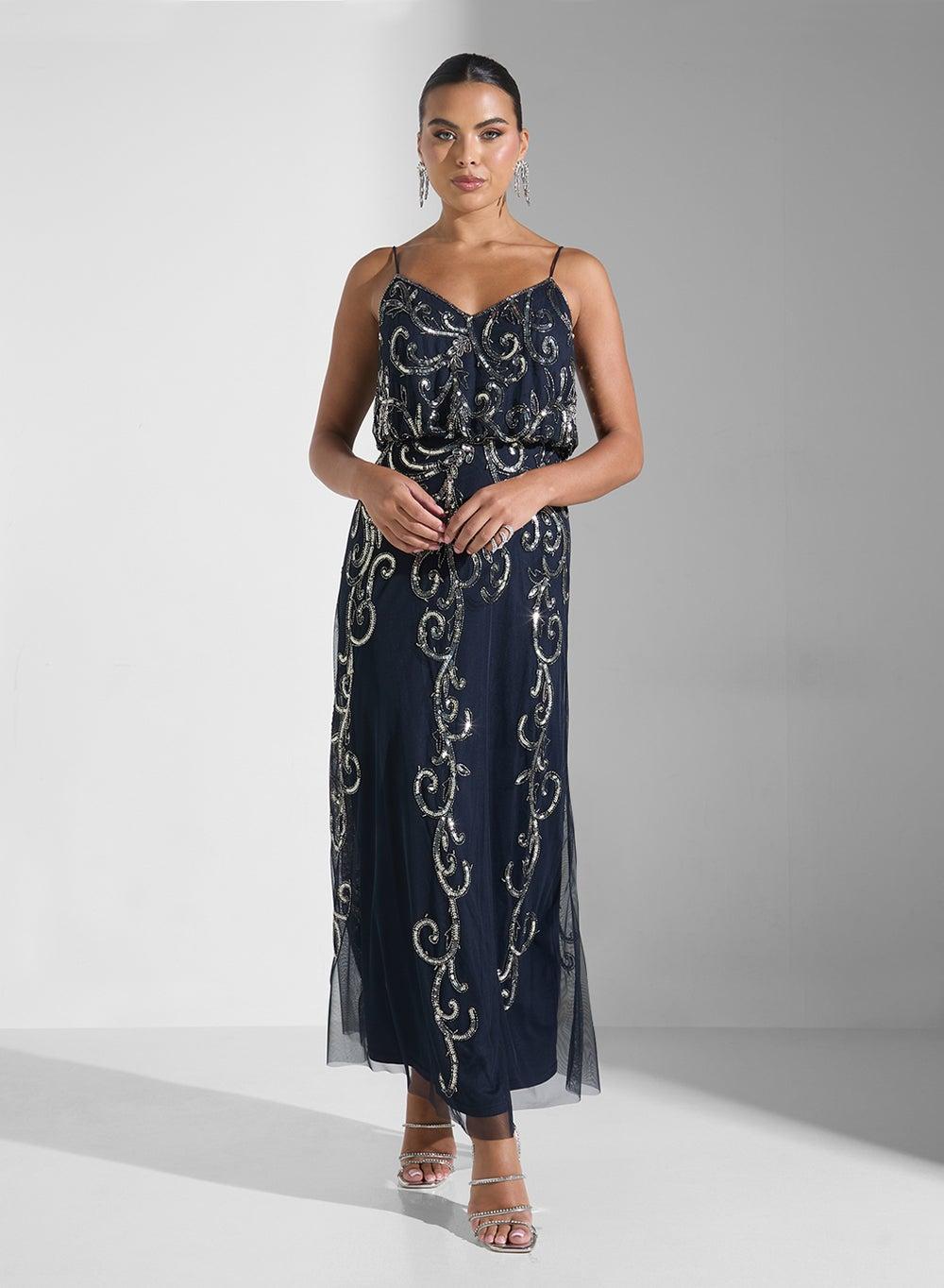 Embellished Sleeveless Navy Maxi Dress - Image 1
