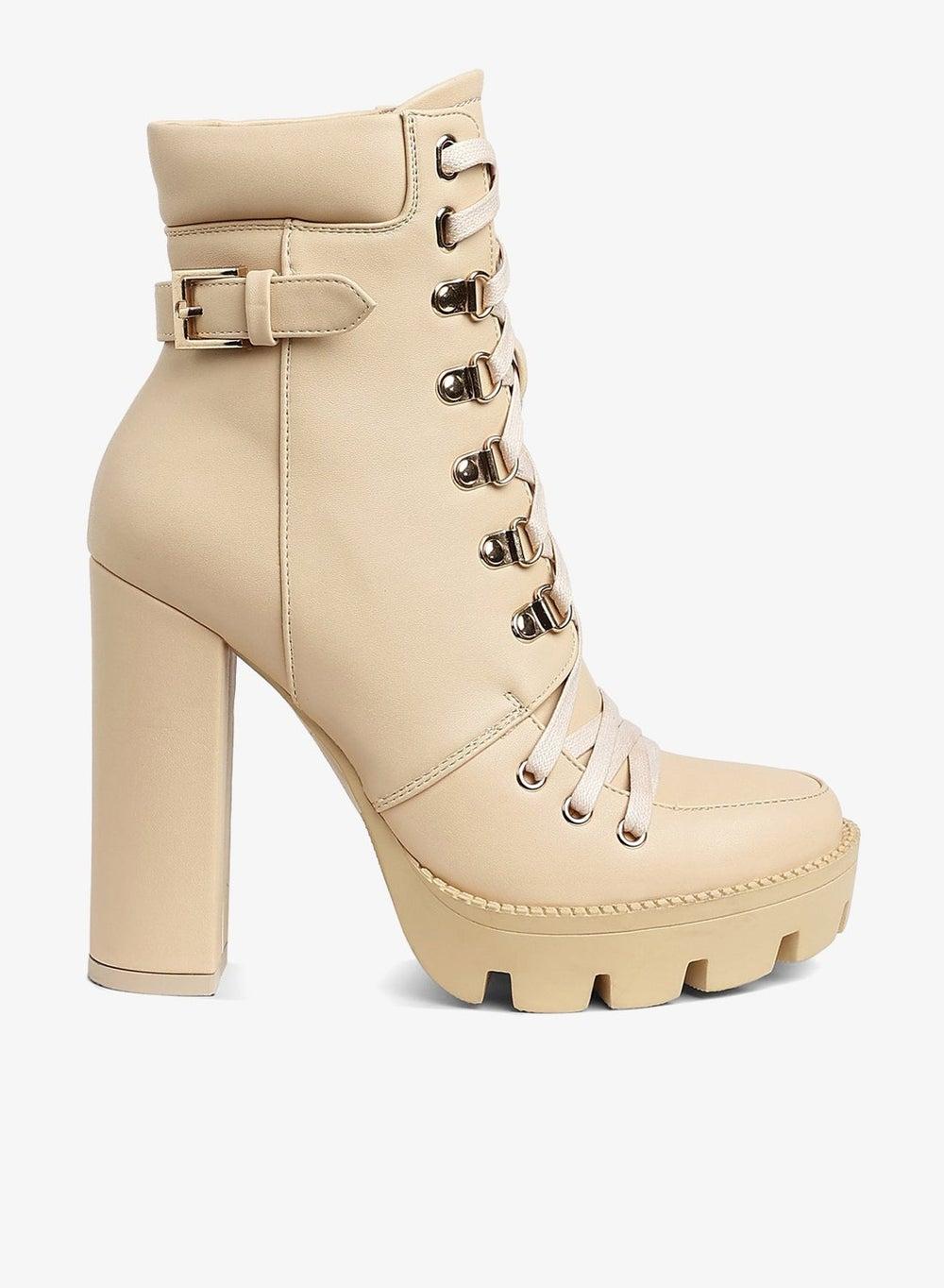 Beige Lace-Up Combat Ankle Boots - Image 1