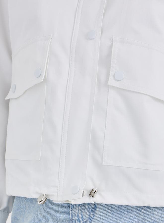 Women White Regular Fit Bomber Jacket with Pockets - Image 1