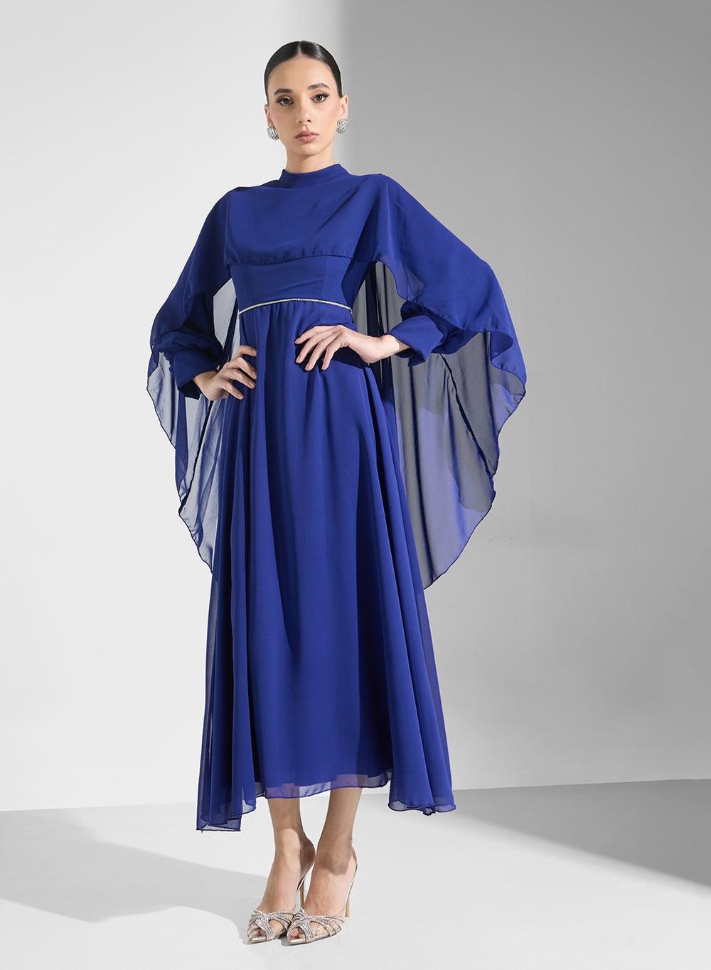 Blue A-Line Chiffon Midi Dress with Cape Sleeves - Image 1