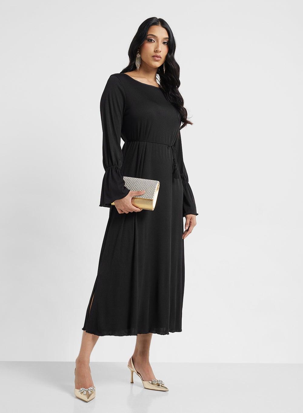Black Bell Sleeve Midi Dress with Tie Waist - Image 1