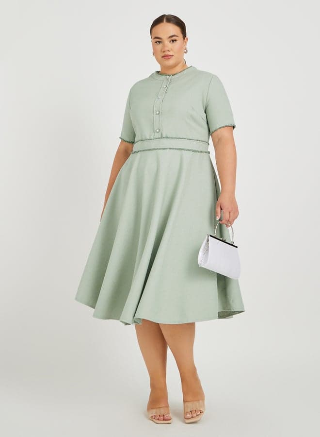 Light Green A-Line Midi Dress with Button Detail - Image 1