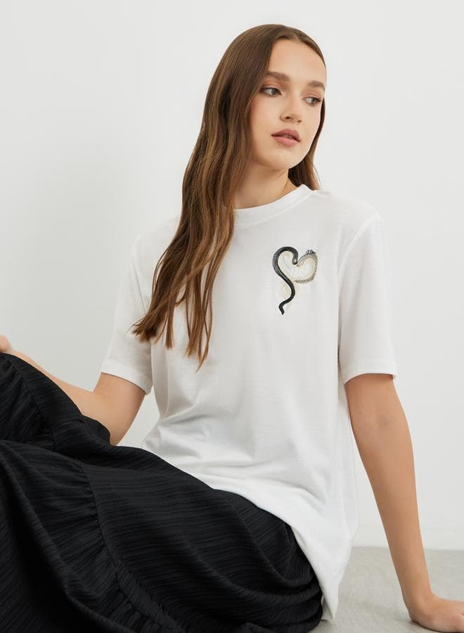 Embroidered Slogan Round Neck T-Shirt - Image 1