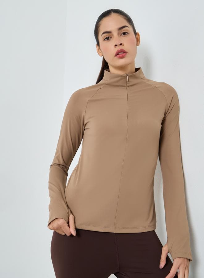 Brown Half Zip Long Sleeve Activewear Top - Image 1