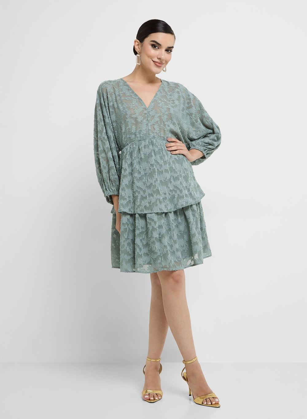 Mint Tiered Mini Dress with V-Neck and Long Sleeves - Image 1