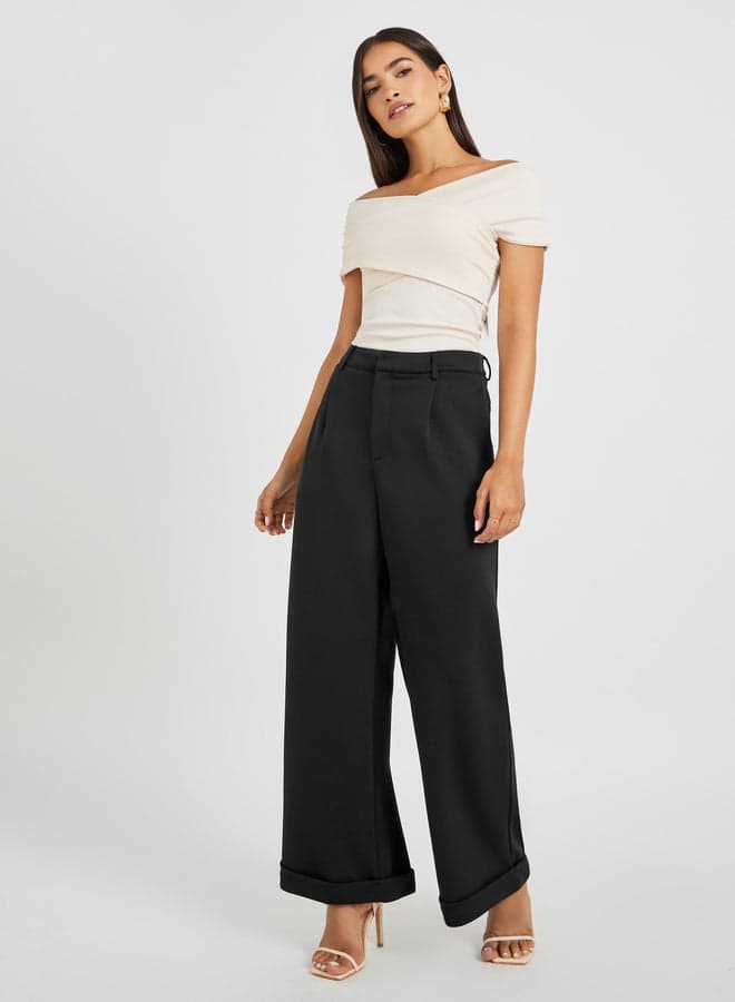 Solid Pleated Wide Leg Knit Pants - Image 1