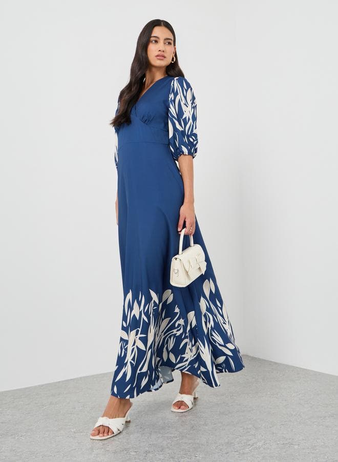 Blue Floral Print V-Neck Maxi Dress - Image 1