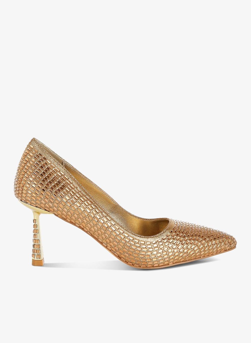 Beige Gold Rhinestone Embellished Pointed Toe Pumps - Image 1
