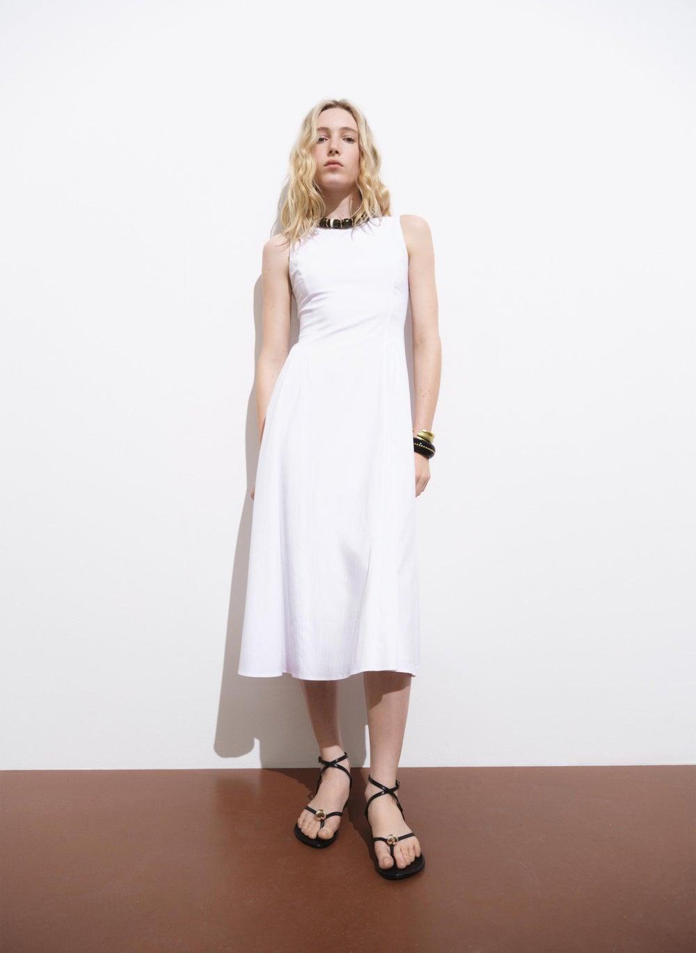 Flared Midi Dress with Crew Neck and Wide Straps - Image 1
