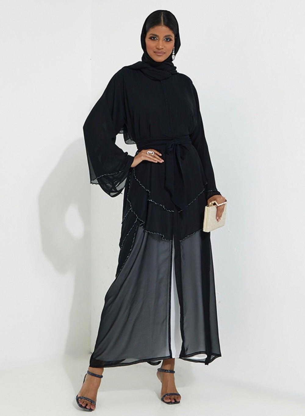 Elegant Embroidery Chiffon Layered Abaya - Image 1