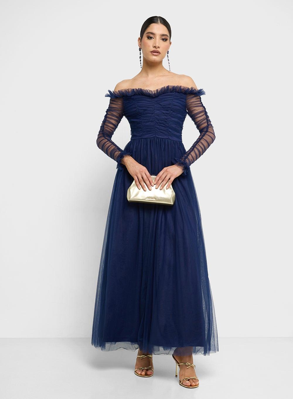 Off Shoulder Maxi Dress with Ruched Sleeves - Image 1