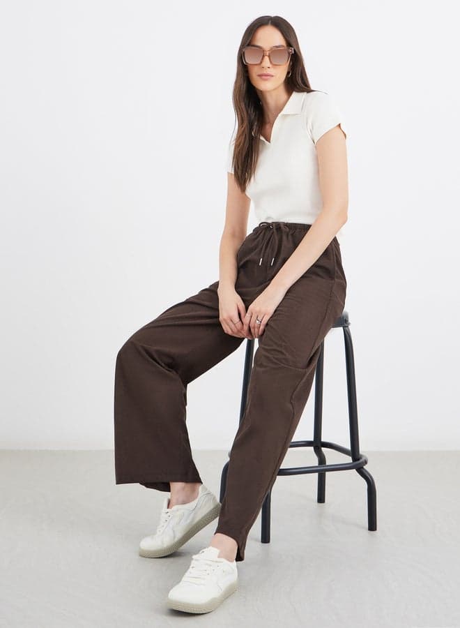 Coffee Brown Drawstring Relaxed Fit Trousers - Image 1