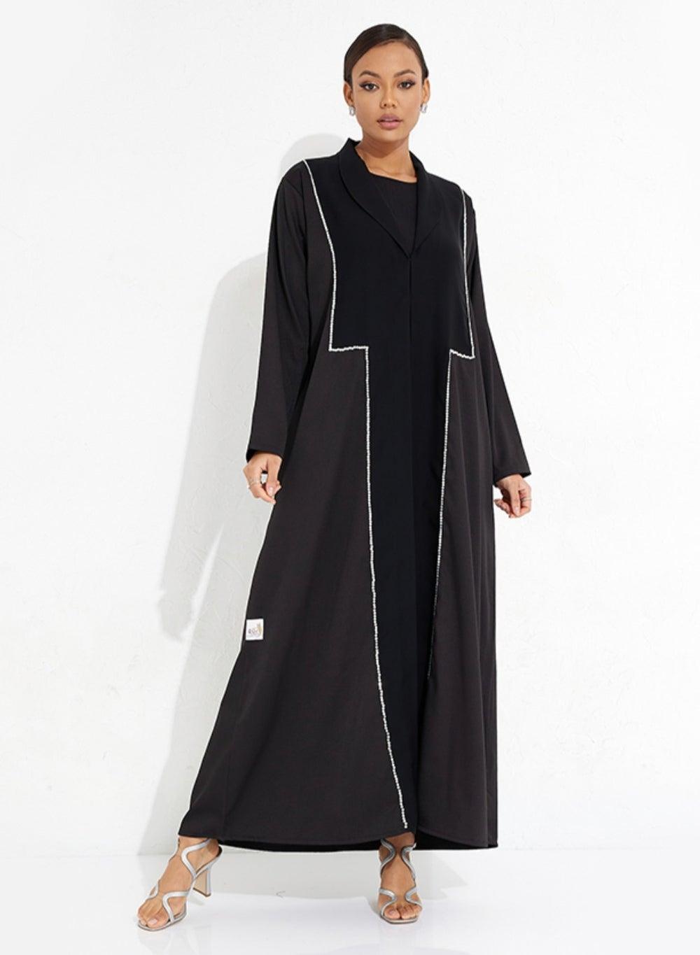 Black Jeans Abaya with V-Neck and Silver Stones - Image 1