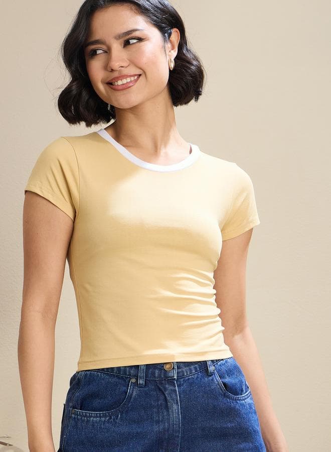 Beige Contrast Round Neck Fitted Crop T-Shirt - Image 1