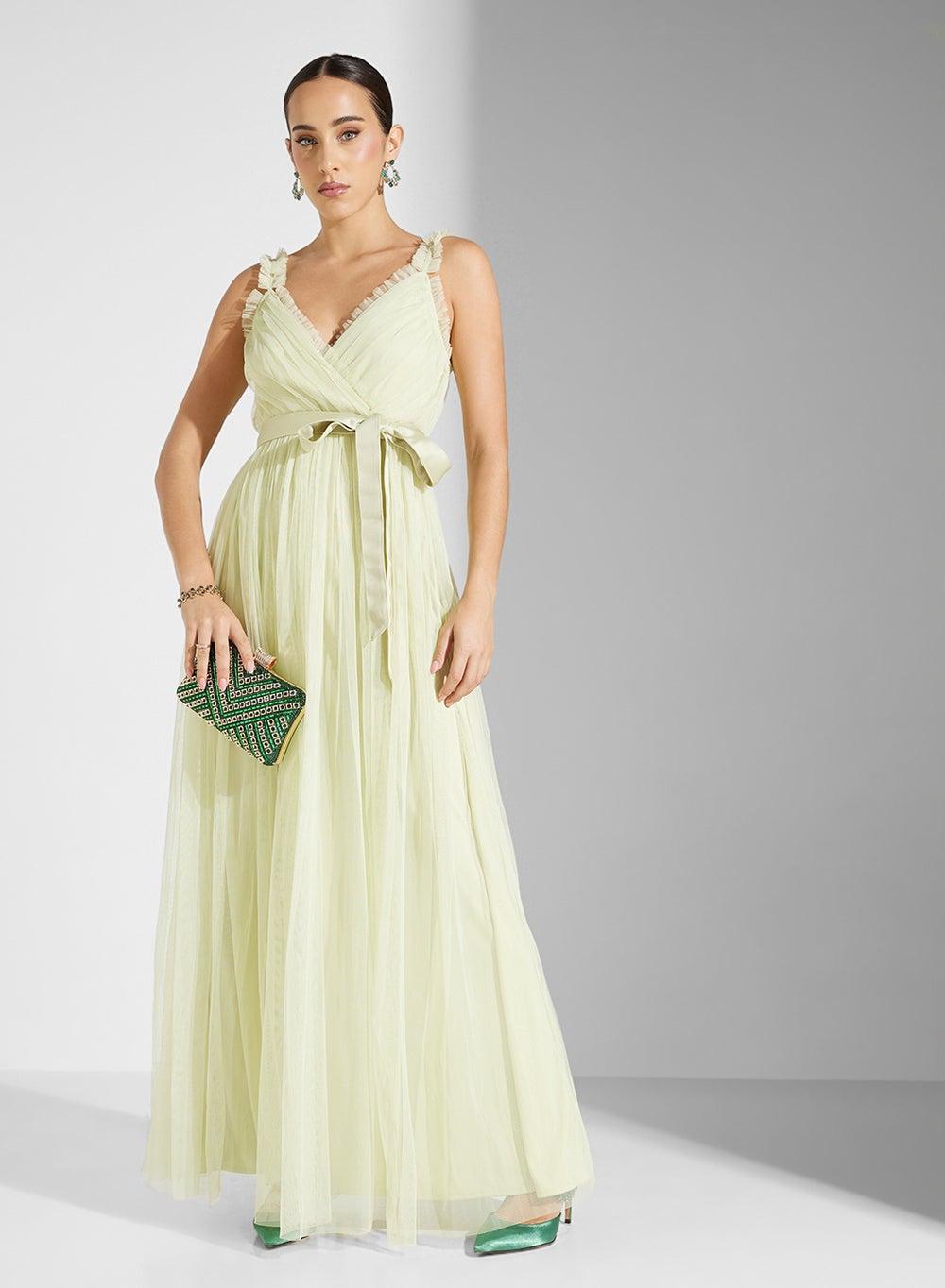 Pleated Empire Waist Pale Green Maxi Dress - Image 1