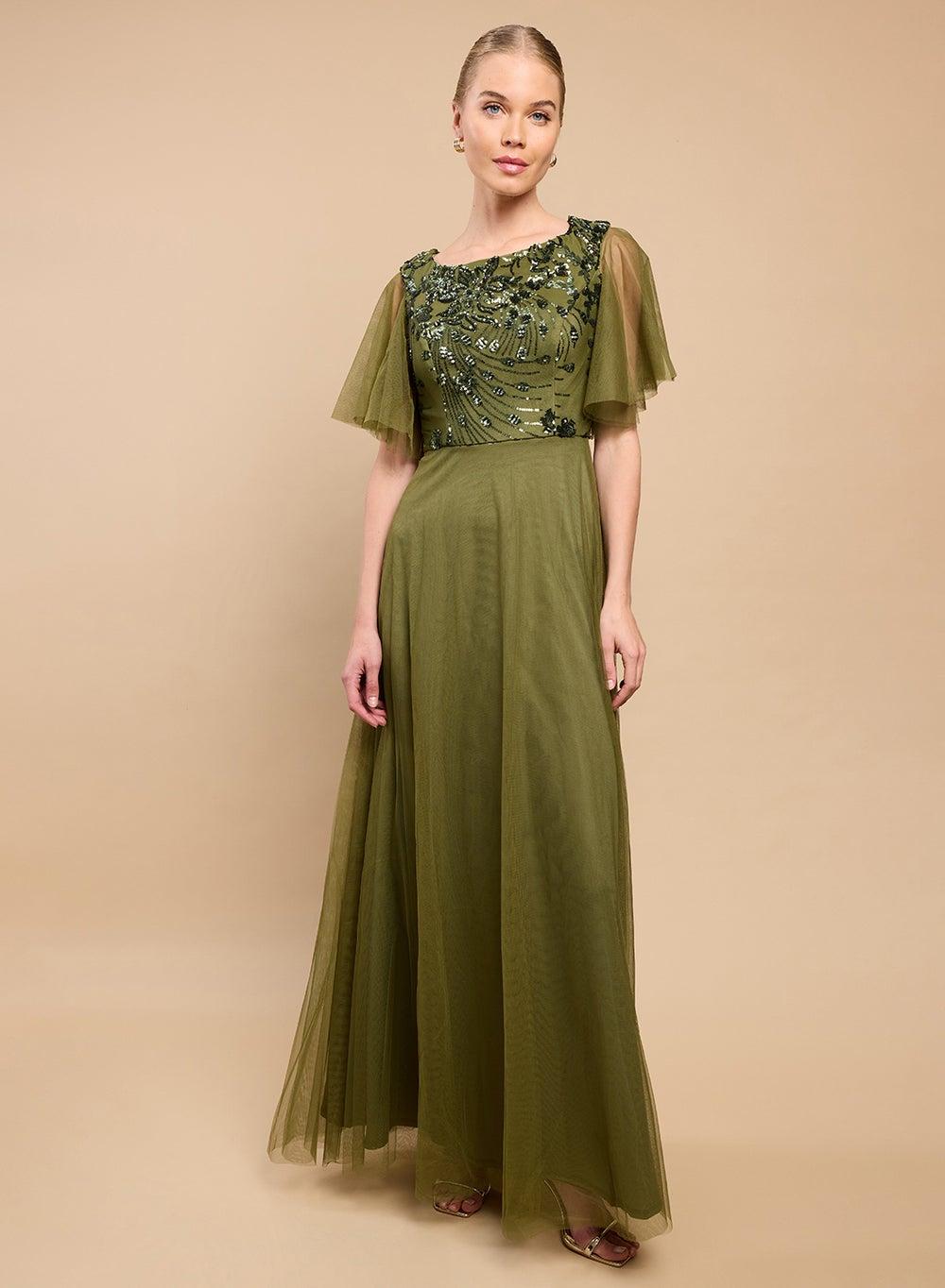 Sequins Detailed Flared Maxi Dress with Angel Sleeves - Image 1