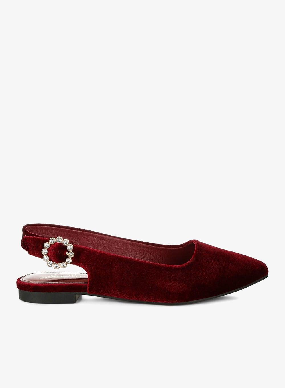 Dark Red Velvet Slingback Flat Sandals - Image 1