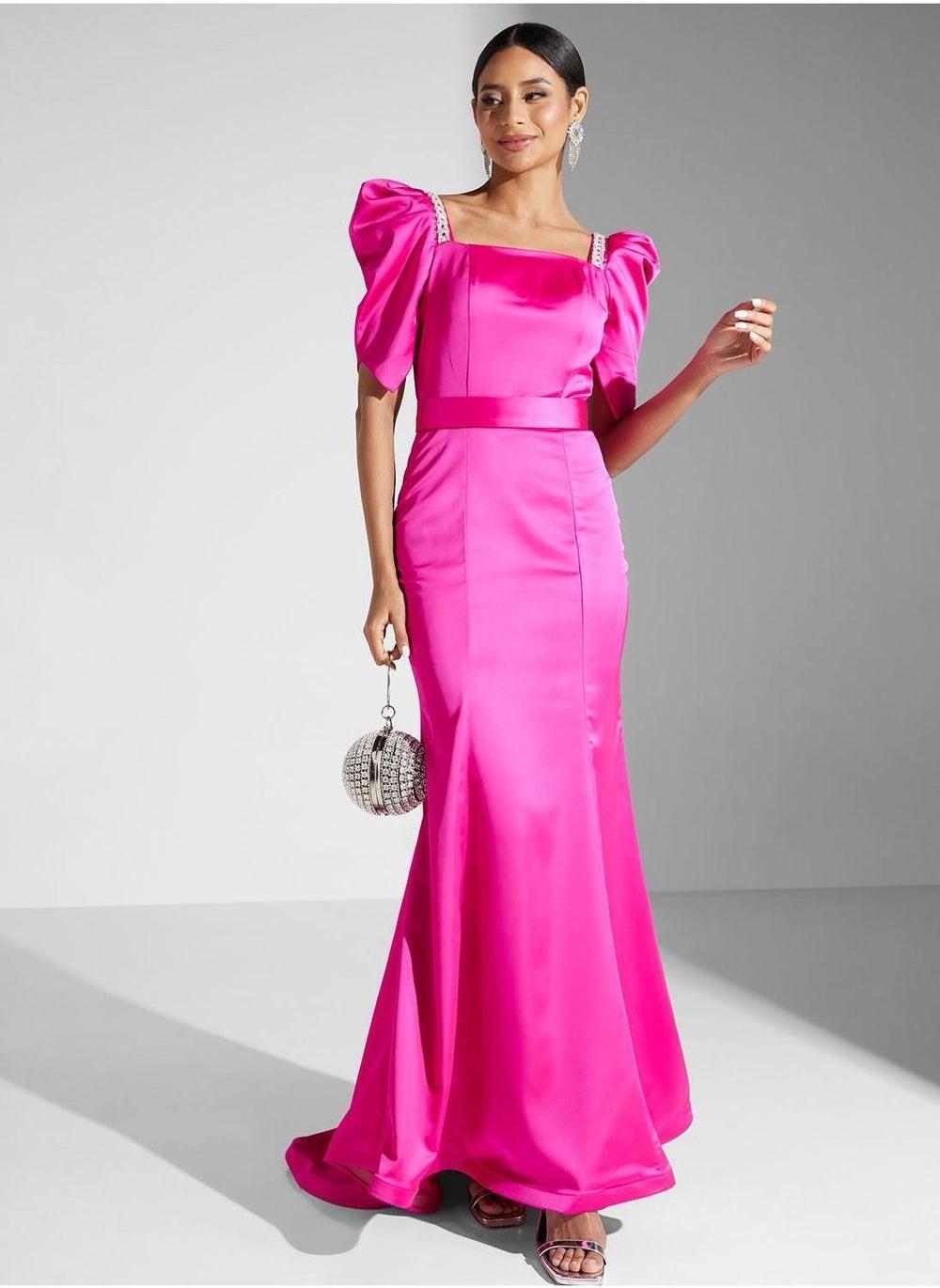 Hot Pink Trumpet Dress with Square Neckline - Image 1