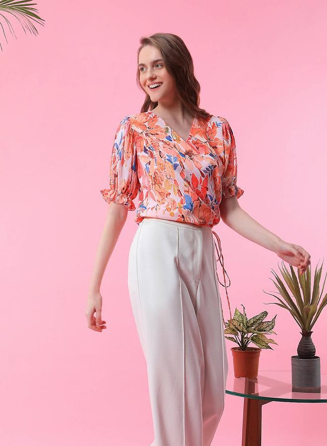 Floral Print Wrap Front Blouse with Tie Detail - Image 1