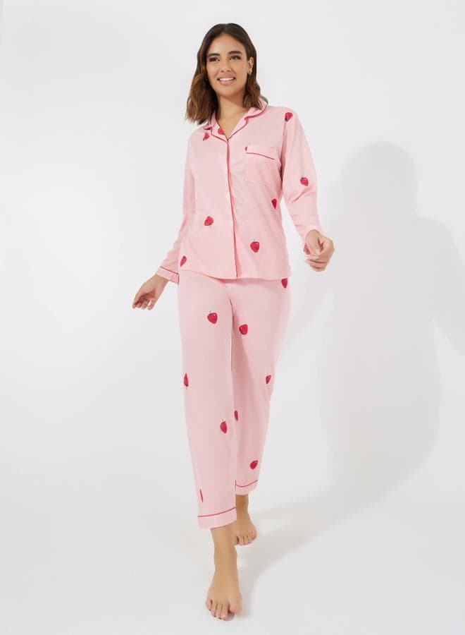 Strawberry Print Pocket Detail Shirt & Pyjama Set - Image 1