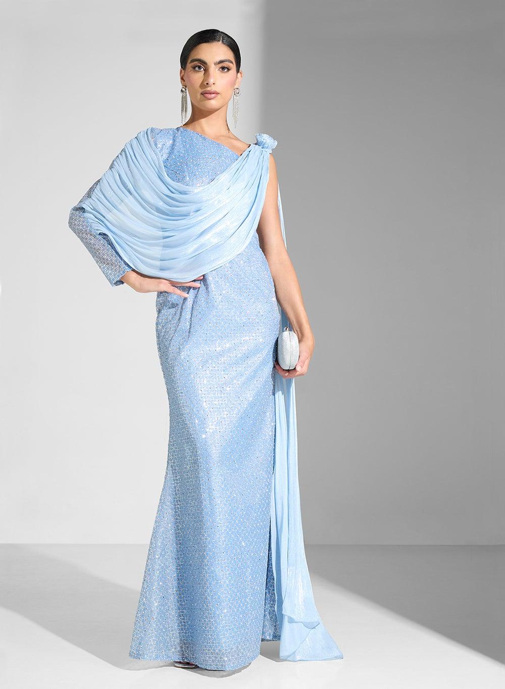 Light Blue Draped Sequin Evening Gown - Image 1