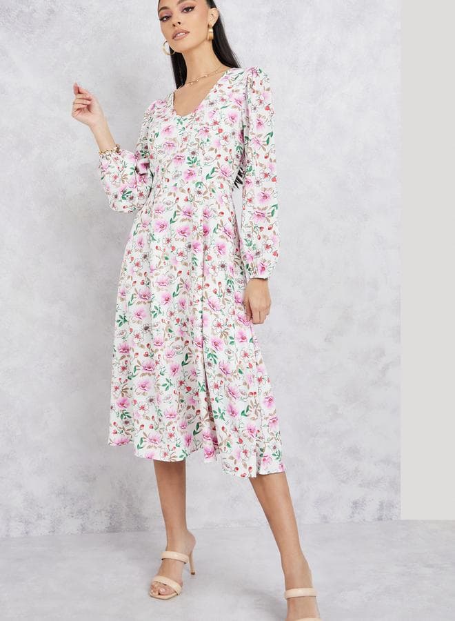 Styli Floral Printed A-Line Midi Dress - Image 1