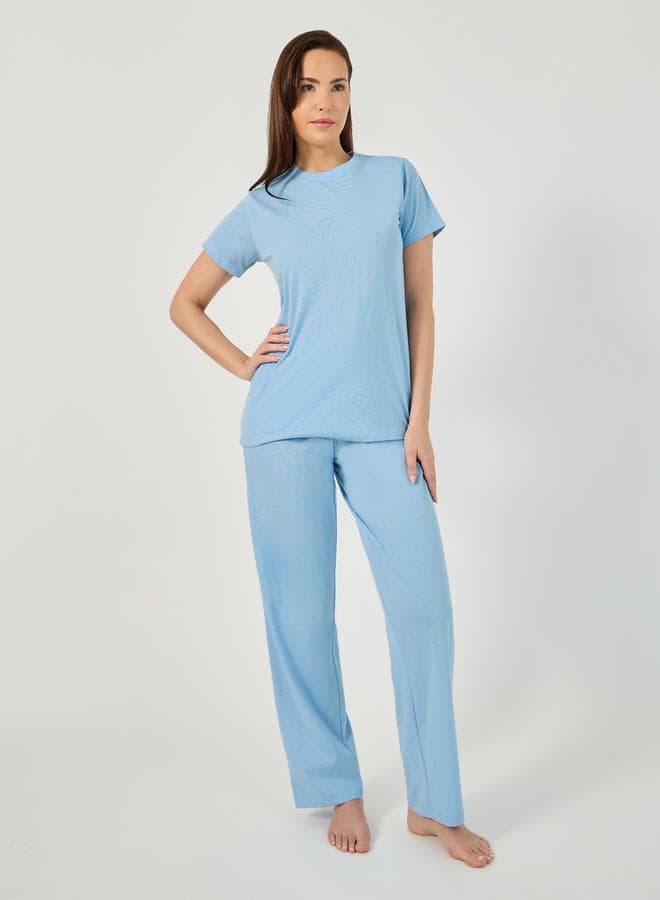 Solid Round Neck T-Shirt Pyjama Set - Image 1