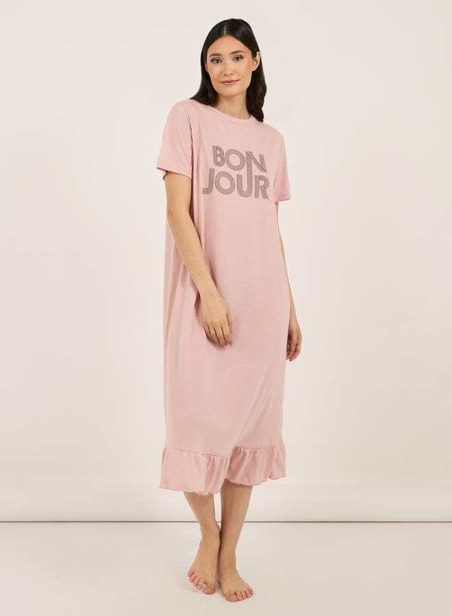 Slogan Print Ruffle Hem Sleep T-Shirt Dress - Image 1