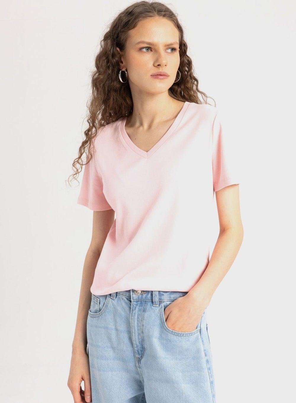 Slim Fit V-Neck Ribana Short Sleeve T-Shirt - Image 1