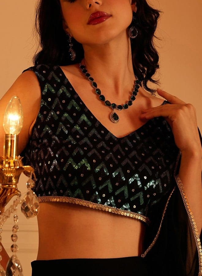 Black Embellished V-Neck Indo Fusion Saree Set - Image 1