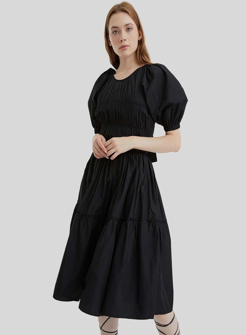 Black Tiered Poplin Midi Dress - Image 1